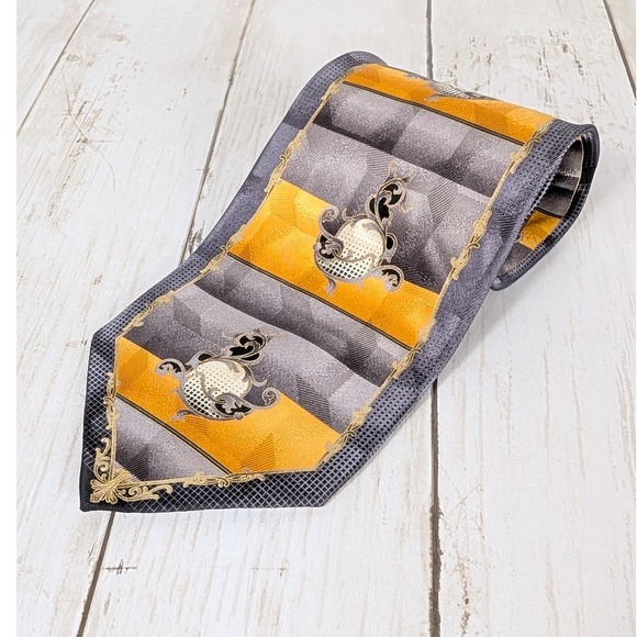 Di Moggio Pure Silk Necktie Yellow Gray Black Art Deco Mens 51" x 4" - Picture 1 of 5